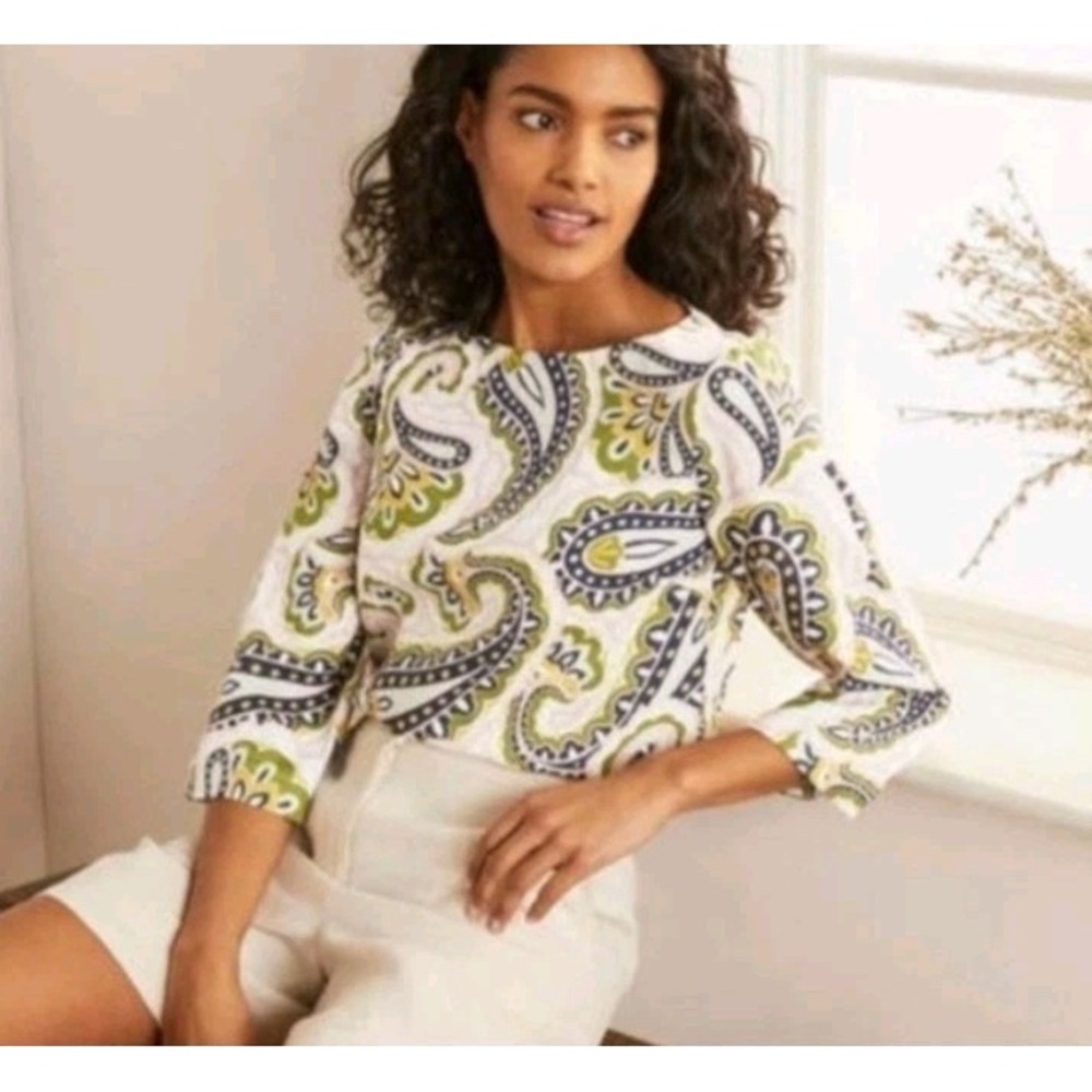 Boden Top Laurie Linen 3/4 Sleeves Paisley Preppy Casual Travel Women's 6